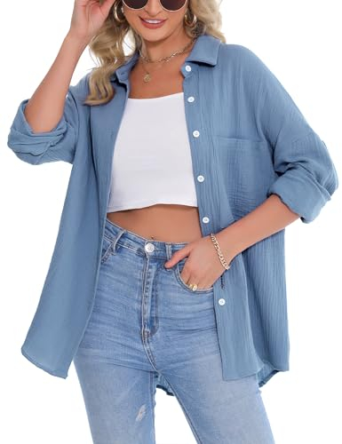 Aottori Musselin Bluse Damen Oversize Hemdbluse Oberteile Langarm Hemd Longbluse Langarmshirt Elegant V-Ausschnitt Baumwolle Lockere Blusenshirt Blusen Tunika mit Tasche Himmelblau L
