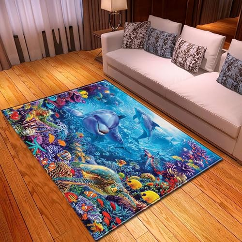 Alfombra para El Hogar De Poliéster Segura E Insípido, Estampado De Dibujos Animados para Niños Impreso, Estera del Piso Antideslizante, 3D Delfines del Mundo Submarino 200 X 300 Cm Alfombra -8R7S-M2