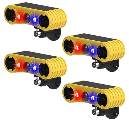 QXMH Solar-Alarm mit Bewegungsmelder für den Außenbereich – Alarm bei Hundegebell und Schüssen, 2 x 129 dB lauter Geräuschmacher, 4 Modi, rotes und blaues Blinklicht mit Bewegungsaktivierung (4 Pack)