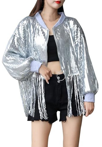 Mymyguoe Glitzer Jacke Damen Pailletten Blazer Damen Fransen Top Oberteil Silber Metallic Damen Hiphop Langarm Bomberjacke Fliegenjacke Lametta Jacke Outwear Mit Quasten Clubwear Fransenjacke Damen