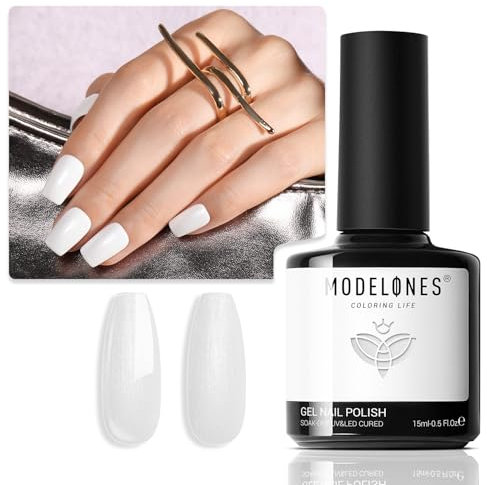 Modelones Shine White Gel Polish, 15ML Glitter Pearl White, Quick Dry, Complete Natural, Super Lustrous, Soak Off LED Nail Lamp, Long Nails DIY Home for Women
