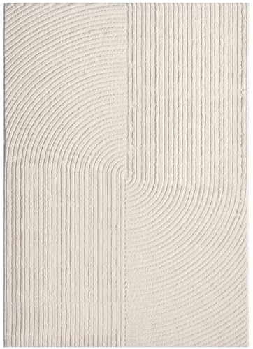 VIMODA Moderner Kurzflor-Teppich Boho Wohnzimmer Schlafzimmer dünn mit 3D Hoch-Tief Effekt Pflegeleicht, Farbe:Creme, Maße:80x150 cm