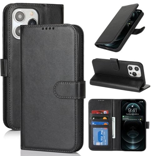 Zouzt for iPhone 13 Pro Max Wallet Case with Card Holder iPhone 12 Pro Max Case Wallet for Women Men, Magnetic Snap Premium PU Leather Flip Folio Durable Kickstand Shockproof Phone Case, Black