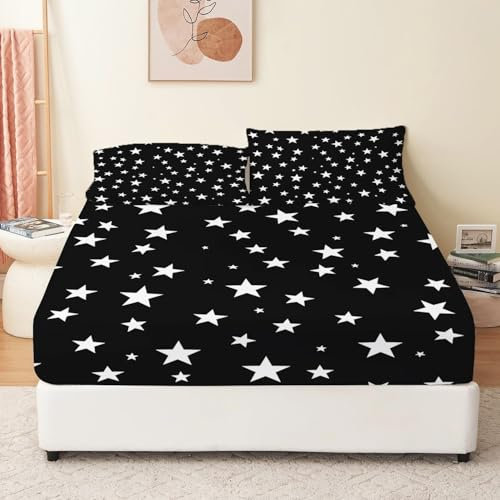 Spannbettlaken Schlichte Design-Sterne Spannbetttuch mit Gummizug Schwarz und Weiß 160 x 200 Bettlaken geeignet für Matratzen bis 30cm