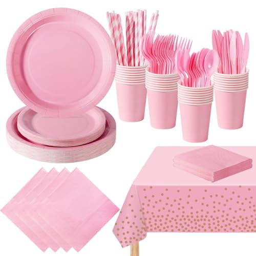 PYAILI 193 Pcs Light Pink Party Tableware Set, Paper Plates Cups Napkins Tablecloth, Dinnerware Set for Kids Adult Birthday,Wedding,Baby Shower Party Tableware