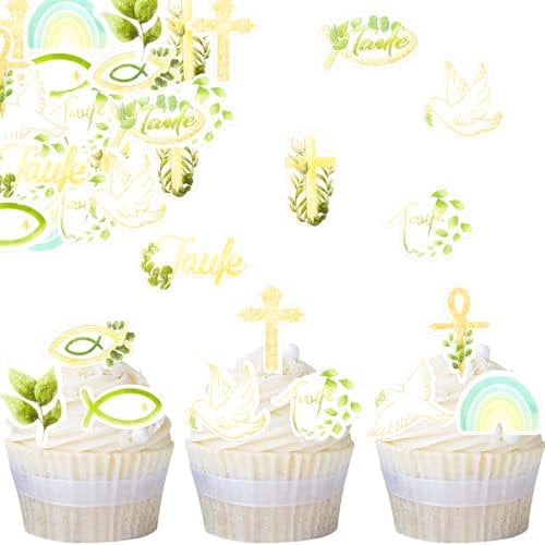 ALEGRE Essbare Tortendeko Taufe Mädchen Junge,48 Stück Esspapier Taufe Deko Torte,Cake Topper Taufe,Kreuzen Cupcake Topper Taufe Kuchen Deko Essbar,Essbare Taufe für Torten,Fisch Muffin Deko Essbar
