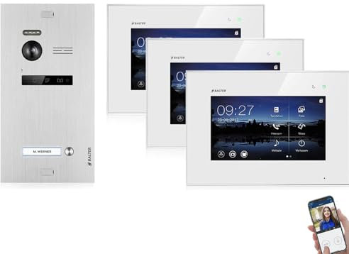 SCHUTZER Balter EVO WLAN Video Türsprechanlage Komplettsystem mit 150° Weitwinkelkamera, 2 Klingeltasten 7 Touchscreen-Monitor Interkom Nachtsicht-LEDs (Silber/Weiß mit Wi-Fi, 3 Monitore)