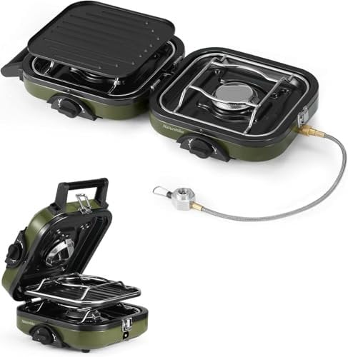 Naturehike Hornillo de gas de camping de 2 quemadores plegable con placa de parrilla, quemador portátil para camping, encendido piezoeléctrico, compatible con isobutano, ideal para cocinar al aire