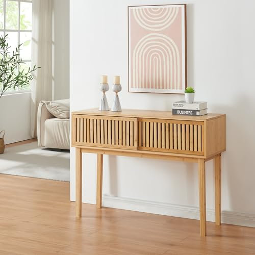 [en.casa] Konsolentisch Ypäjä Konsole mit 2 Schiebetüren Flurtisch Bambus Ablagetisch Beistelltisch mit Stauraum 110 x 39 x 81 cm Wohnzimmertisch Naturfarben