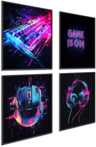 Donari Poster Gaming 4er-Set - Gaming Bild als Deko für Gamingzimmer - Wand Dekoration für Zocker Zimmer Led Optik Set A4 Bilder mit oder ohne Rahmen (Motiv 3, 30x40 cm, Gerahmt)