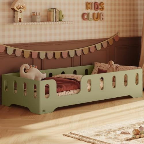 smartwood Bodenbett 90x190 cm mit Rausfallschutz, Holz, Grün, TILA 2L | Montessori Kinderbett, Lattenrost belastbar bis 230 kg, FSC-Zertifikat, abgerundete Kanten, Einfache Montage, ab 3 Jahren