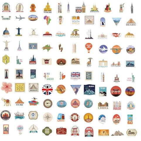 Fsahiuf Weltreise Aufkleber Set, 100 Stück, Vintage-Stil Reiseländer Sticker für Koffer, Laptop, Gepäck,Koffer Aufkleber,Travel Sticker