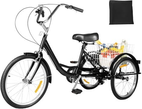 OUBUBY 20 Zoll Dreirad für Erwachsene 3 Rad 8 Gang Dreiräder mit Einkaufskorb, Höhenverstellbares Dreirädriges Max.242.5lbs für Erwachsene und Senioren Outdoor Sport, Einkaufen (Schwarz)
