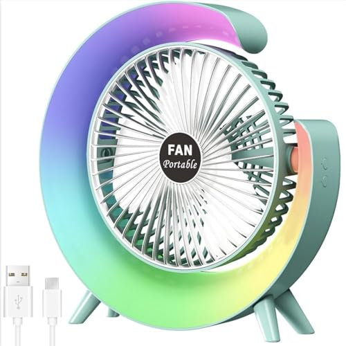 Werwing Ventilador de escritorio USB con luces LED RGB, 3 velocidades e inclinación ajustable, ventilador silencioso portátil de 1200 mAh para el hogar, oficina, dormitorio (verde)