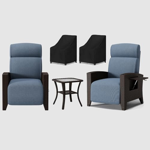 BYYBOU Relaxsessel mit Liegefunktion, GartenmöBel Wetterfest Gartensessel Verstellbare RüCkenlehne Relaxliege Rattan Sonnenliege Sessel mit Balkontisch für Outdoor - Braun Rattan & Blaues Sitzkissen