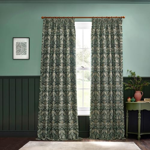 Morris&Co. Strawberry Thief Pencil Pleat Curtain Pair – Iconic Bird & Floral Jacquard Lined Velvet Drapes (Forest Green - 229x229cm)