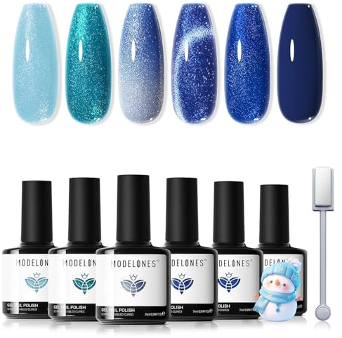 Modelones Blue Gel Nail Polish Set, 6 Colors Winter Cat Eye Glitter Color Changing Chameleon Gel Polish Kit with Magnet Snow Stickers Soak Off Led Nail Art Manicure Salon DIY New Year Holiday Gifts