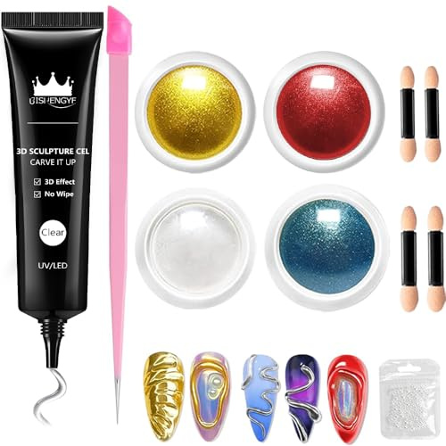 BISHENGYF Glod Chrome Nail Powder Kit & 3d Sculpting Nail Gel- 15g 3d Gel Nail Art For Diy Nail Art,Metallic Silver Chrome Nail Powders With No Wipe,Professional Design For Home（Red/Bule）