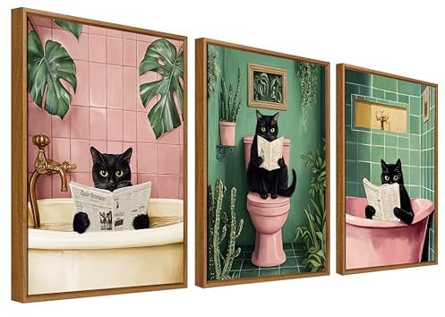 3Pcs Drôle de Chat Noir Tableau Encadré Poster Mural Chaton Rose Vert Plantes Baignade Affiche Peinture Impression sur Toile Tableau Decoration Murale Salle de Bain Toilettes Baignoire 30x40cm x3pcs