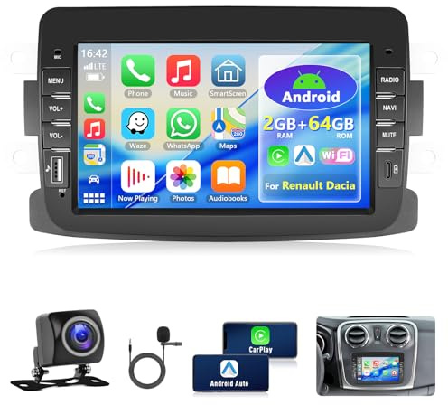 Motorsi Carplay Radio de Coche para Spring Dacia Logon Duster Captur Sandero Symbol Lodgy, 2GB+64GB Pantalla Táctil GPS/WiFi/USB/Bluetooth/SWC/Android Auto/FM/RDS/CANBUS + Cámara Visión Trasera