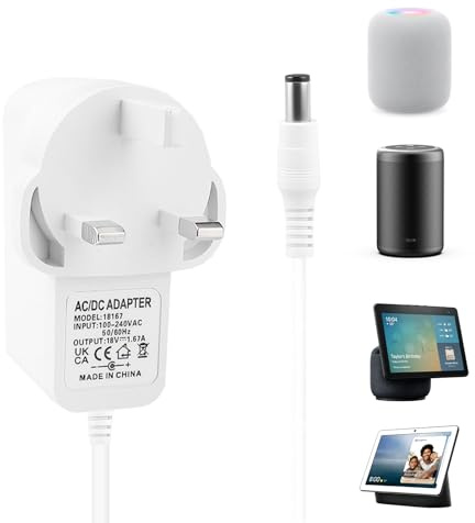 30W Power Adapter for Echo Show 8/10/15/21(1st 2nd 3rd Gen) Echo Plus 18V 1.67A 6.3 * 2.5mm Power Adapter Cable Power Cord compatible with Alexa 2M White