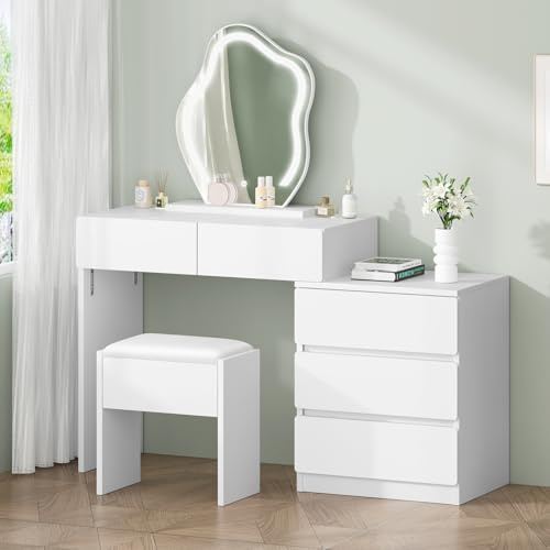 ALFORDSON Schminktisch mit Beleuchtung, Abnehmbarem Spiegel, Hocker, Weiß | Make Up Tisch (80-124)Bx40Tx131,5H cm, 5 Schubladen, Schrank, 3 LED-Lichtmodi, Helligkeit Dimmbar, Vanity fürs Kinderzimmer