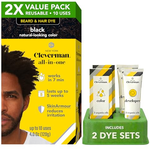 2X Reusable Hair & Beard Dye for Black Men – Black | Up to 10 Uses, 7 Minutes | Natural Gray Coverage, No-Drip Cream with SkinArmour® – Cleverman
