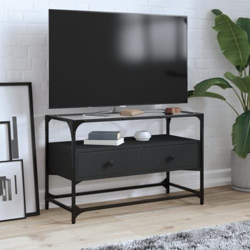 Teenpull Meuble TV avec plateau en verre, noir, 80 x 35 x 51 cm, matériau du bois, cadre en métal, salon, console multimédia