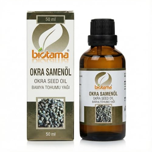 Premium 50 ml Okrasamenöl, 100% naturrein, ohne Zusatzstoffe & kaltgepresst im Glasflasche lichtgeschützt, 99% echtes Okrasamenöl für Massage, Pflege & Lebensmittel geeignet