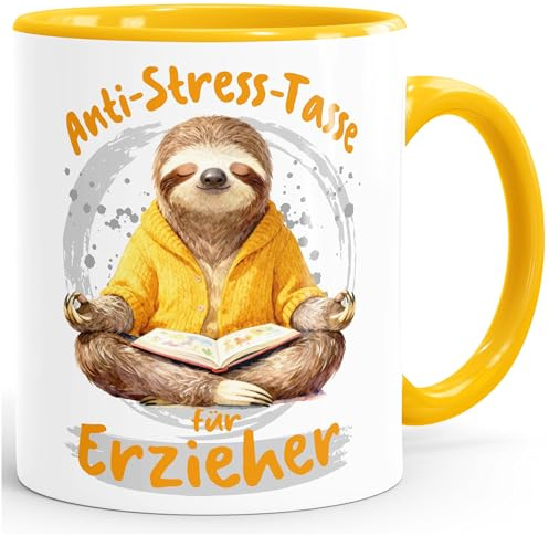 MoonWorks® Kaffee-Tasse Geschenk Erzieher Anti Stress Bürotasse Faultier Lustig Arbeit Job Keramikbecher Weiss-innen-gelb standard