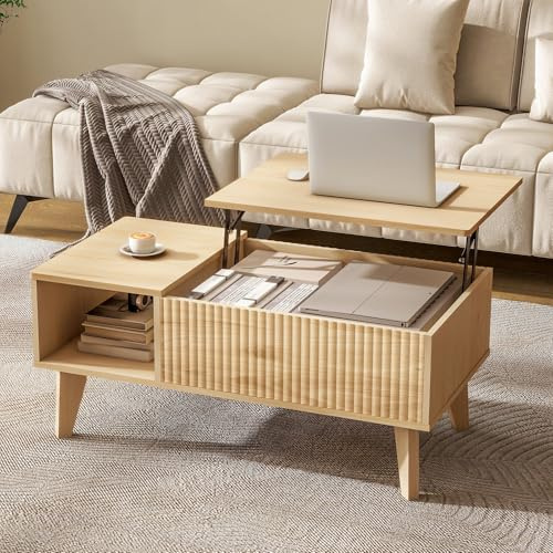 LYNCOHOME Lift Up Coffee Table, Modern Oak Coffee Tables for Living Room, Square Coffee Table with Hidden Storage,Extendable Tabel,Wooden,Home Office,Bedroom,Natural