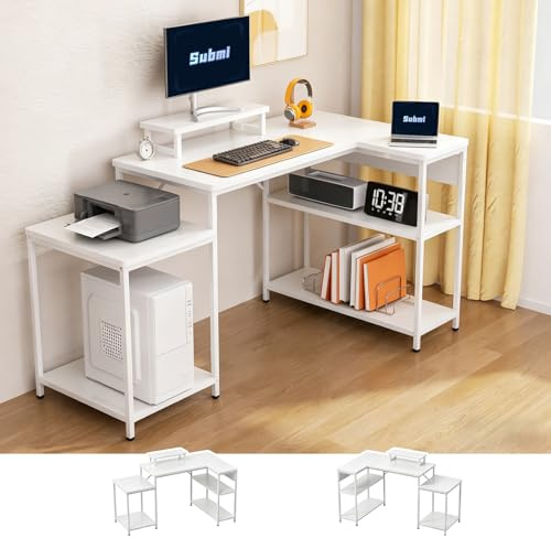 Submi Escritorio Esquinero Reversible con Altura Ajustable, 152x80cm Escritorio Gaming con Estante de Almacenamiento Reversible, Escritorios en L para Oficina en Casa con Soporte para Monitor, Blanco