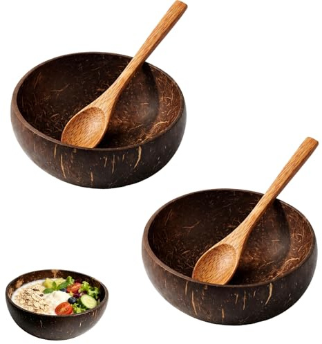 DXPETA Coconut Bowl Set of 2 with Spoons, Large Coconut Shell Bowls for Smoothie and Acai Bowls, Wooden Fruit Bowls with Organic Coconut Water Finish, Natural Serving Bowls for Yogurt and Fruit