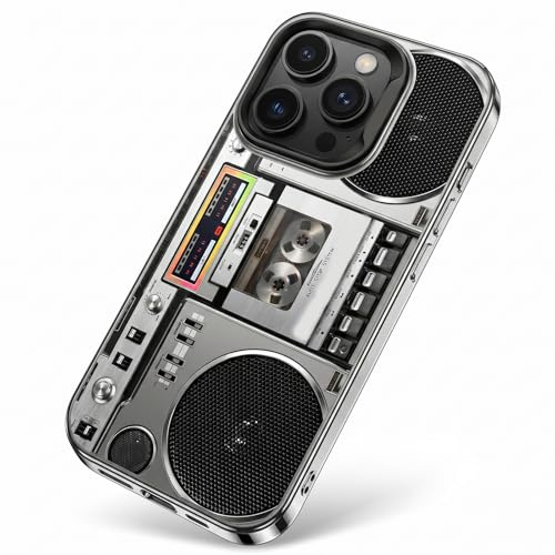 JORCEDI Retro Boombox Cassette Player Pattern Phone Case Vintage Cassette Tape Design Shockproof Slim Cover Anti-Fingerprint Hard PC Protective Case (Silver,For iPhone 17 Pro)