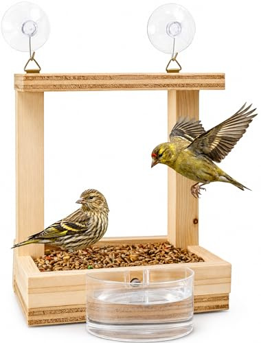 Comedero Pajaros Exterior de Madera Casita con Soporte de Ventosas para Ventana Incluye Bebedero y Bolsa de 70g Alpiste para Aves Silvestres Jardín Balcón Terraza Hecho a Mano Natural Bird (Ventosas)
