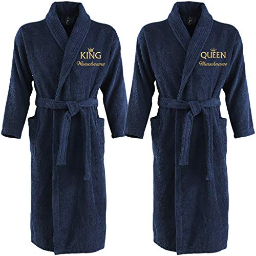 Nashville print factory Sol´s Bademantel Palace Morgenmantel bestickt mit Ihrem Wunschname und Motiv/KING/QUEEN/Krone Gold Partner-Look Sauna Bad Name (S/M, KING & QUEEN + Namen)
