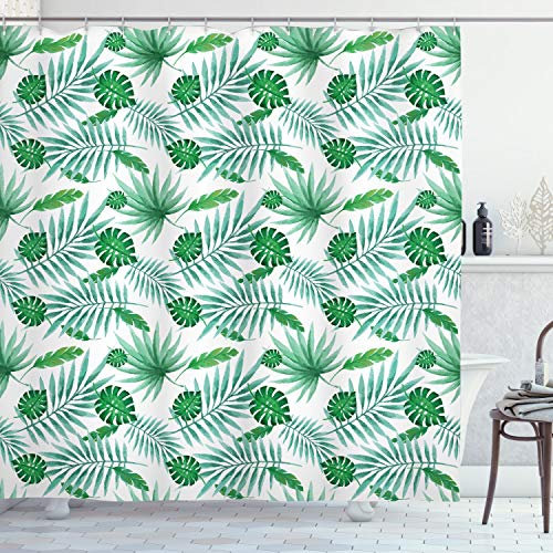 ABAKUHAUS Tropisch Duschvorhang, Aquarell Leafage, Stoffliches Gewebe Badezimmerdekorationsset mit Haken, 175 x 200 cm, Grüne und Mandelgrün