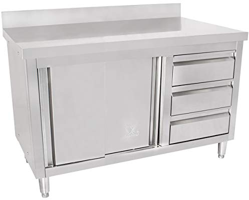 Beeketal 'BAS120-70R' Gastro Edelstahl Küchenschrank mit 3 Schubladen (rechts), 2 Rolltüren und 4 verstellbaren Standfüßen, Küchen Arbeitsplatte mit 10 cm Aufkantung - (L/B/H) ca. 1200 x 700 x 950 mm