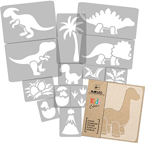 NAKLEO Schablonen Malen für Kinderzimmer, 14 Stück Set 9x12 bis 23x34cm Dinosaurier, Wiederverwendbare Kunststoff Malvorlage Raumdekoration, Basteln DIY Wand Möbel Papier Stoff