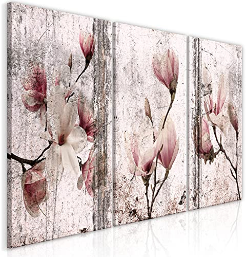 murando - Wandbilder Set 3 tlg Wanddeko Collage 3er 120x60 cm – Leinwandbild für Wohnzimmer und Schlafzimmer - Magnolienblüten auf Vintage-Holz b-C-0374-b-q