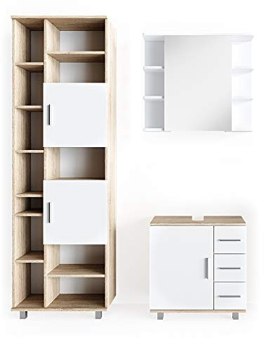 Vicco Badmöbel-Set Sonoma Ilias, bestehend aus Bad Spiegelschrank, Waschbeckenunterschrank, Hochschrank - mit Fächern für Flexible Aufbewahrung