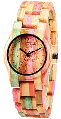 Alienwork Armbanduhr Damen Mehrfarbig Holz-Armband Natur-Bambus Handgefertigt