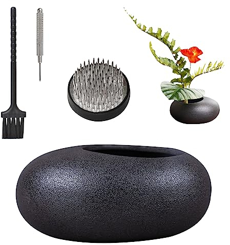 WANDIC Kit d'arrangement de Fleurs, Pot de Fleurs en céramique Noir avec 4 cm de Hauteur, Pot de Fleurs Kenzan en Forme de Support d'aiguille pour décoration d'intérieur