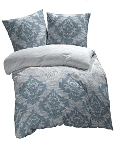 ETÉREA Renforcé Bettwäsche 240x220cm + 2X 80x80cm - 100% Baumwolle - Bettbezug Barock natürlich weich - Bettwäsche mit Kissen 240x220cm Bettbezug + 2X 80x80cm Kissenbezug 3teilig - OEKOTEX - Blau