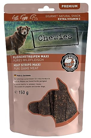 Chewies Fleischstreifen MAXI Hundeleckerli aus 100% Wildfleisch - 150g - Fleischstreifen MAXI für Hunde - getrocknete Wild Kaustreifen für Hunde - zuckerfrei & getreidefrei- Dörrfleisch von Wildtieren