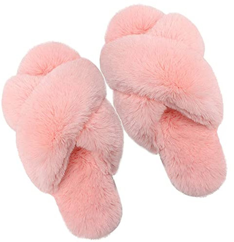 dressfan Zapatillas de Estar por Casa Mujer Felpa Punta Abierta Chanclas Pantuflas de Casa Cómodos Calentitas Plano Suela de Goma Antideslizante Zapatos Interior/Exterior (Rosa, numeric_40)