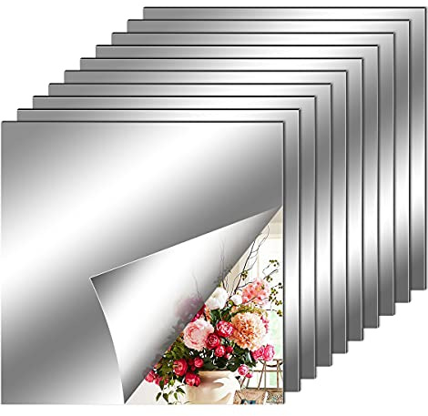 10 Pack Self Adhesive Mirror Tiles, Acrylic Stick on Mirror Stickers | 8 x 8 inch Flexible Non Glass Mirror Tiles Self Adhesive Bathroom Mirror for Home Walls Decoration