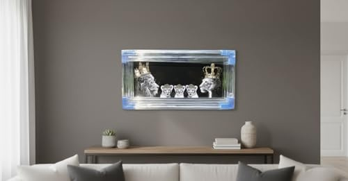 Biznest 3D Liquid Glitter Art Work Mirrored Frame Lion Royal Family Golden Crown Diamante Wall Hung Glass King Queen Cubs Black Gold Landscape 85 X 45 Cm (3 baby girl cubs)
