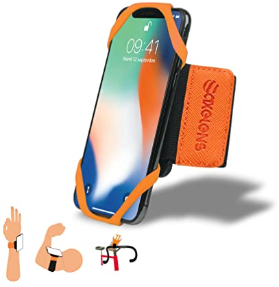AXELENS Fascia 3 in 1 Arancione per Polso, Braccio e Manubrio – Supporto Universale per Smartphone 4,5–7″ con Rotazione 360° – Ideale per Corsa, Bici, Palestra, Outdoor & Attività Sportive