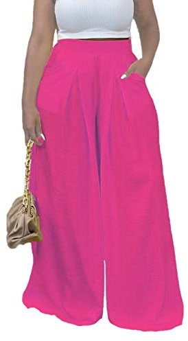 Miiyana Pantaloni Palazzo per le donne Plus Size Vita Alta Gamba Larga Pantaloni Pieghe Flusso Pantaloni con Tasca, Rosa caldo, XX-Large